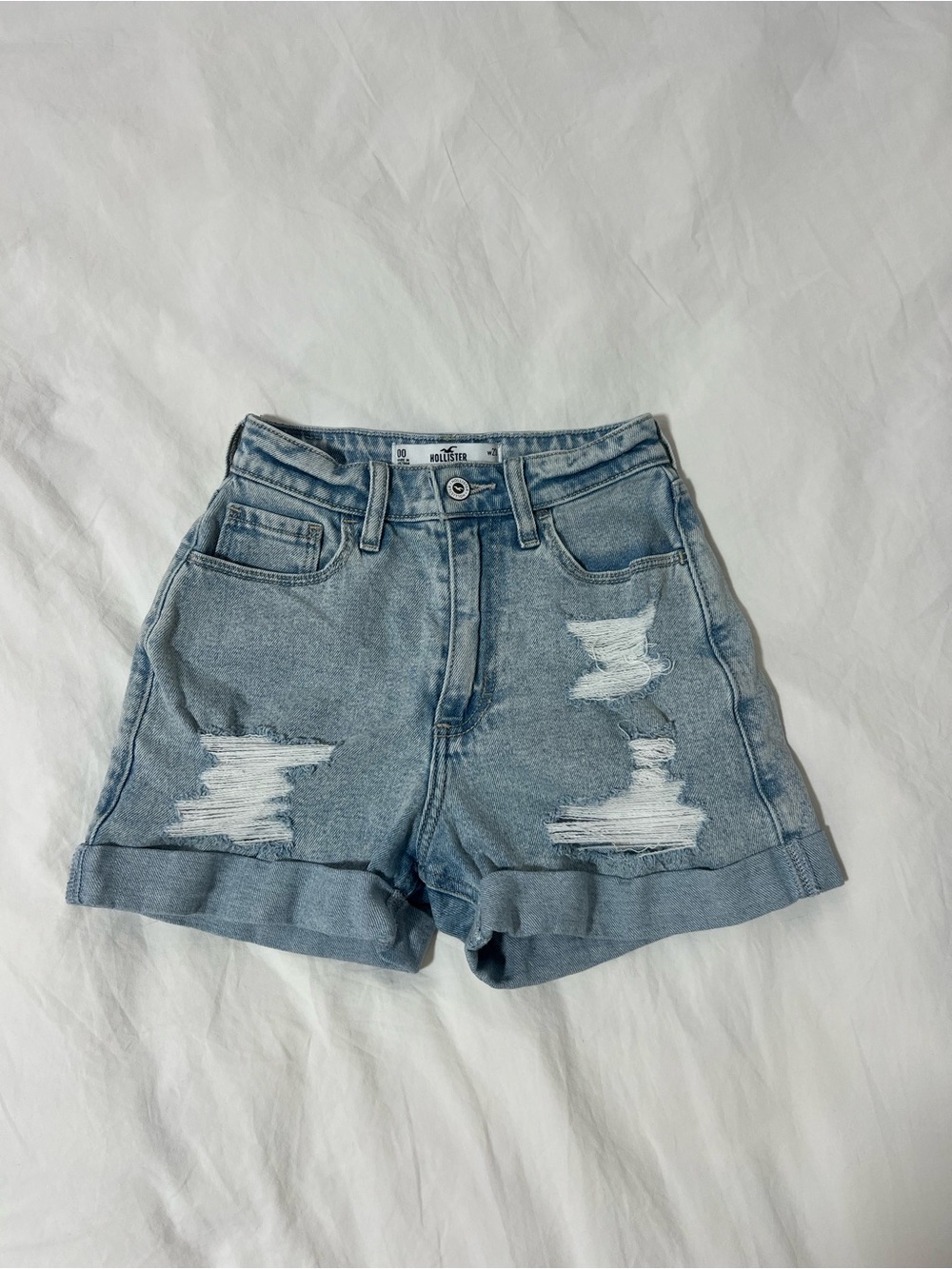 Hollister Distressed Rolled Hem Denim Shorts - Faded Blue